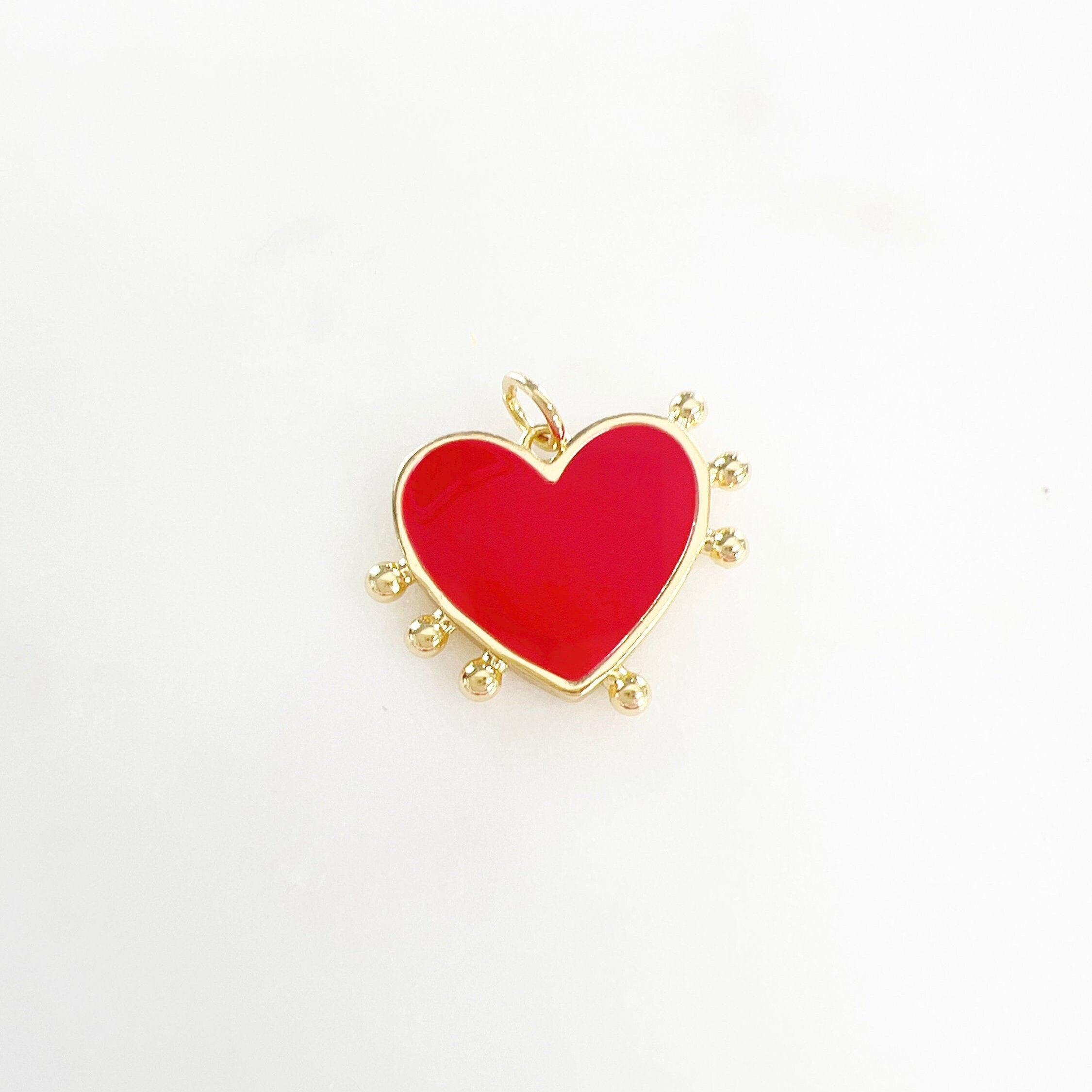 Gold Plated Red Enamel Heart Dotted Beaded Edge Charm Valentine's