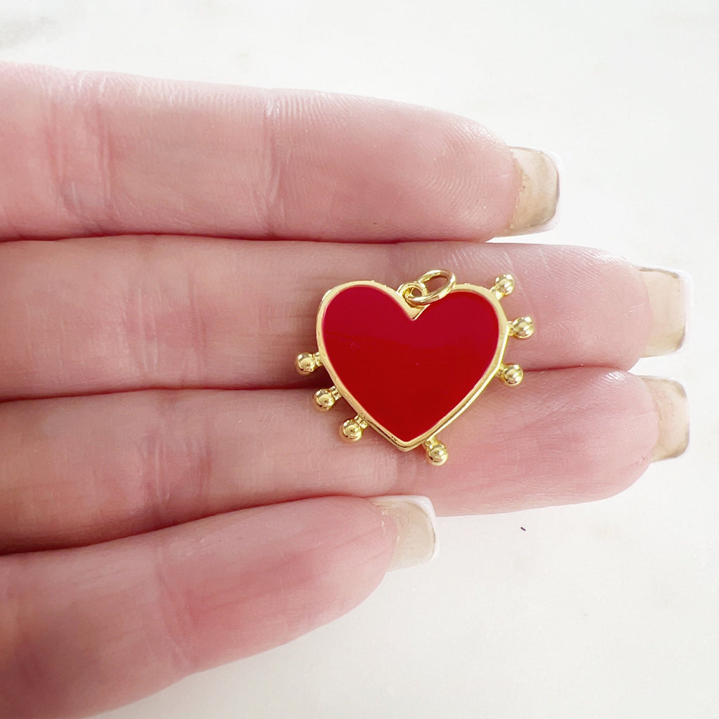 Gold Plated Red Enamel Heart Dotted Beaded Edge Charm Valentine's