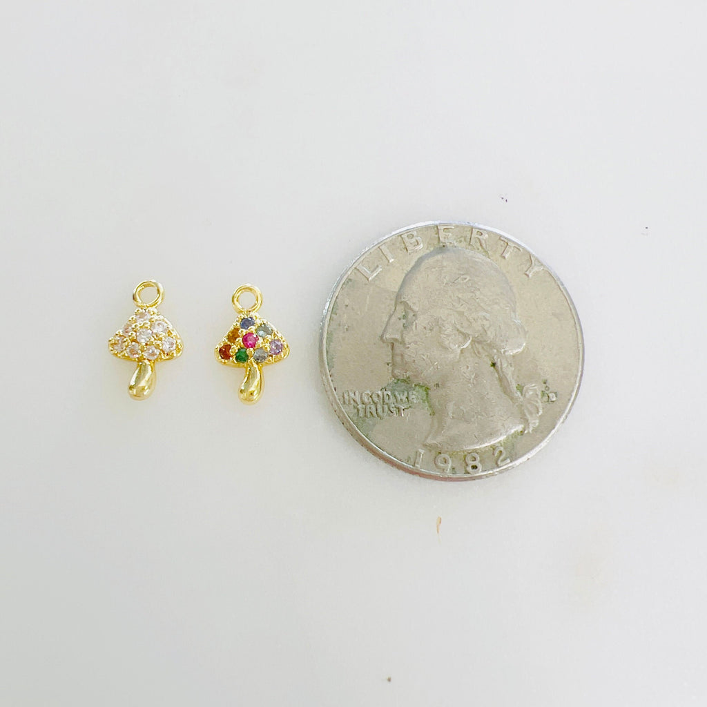 Gold Plated Teeny Tiny Clear or Muti Cubic Zirconia Mushroom Charm