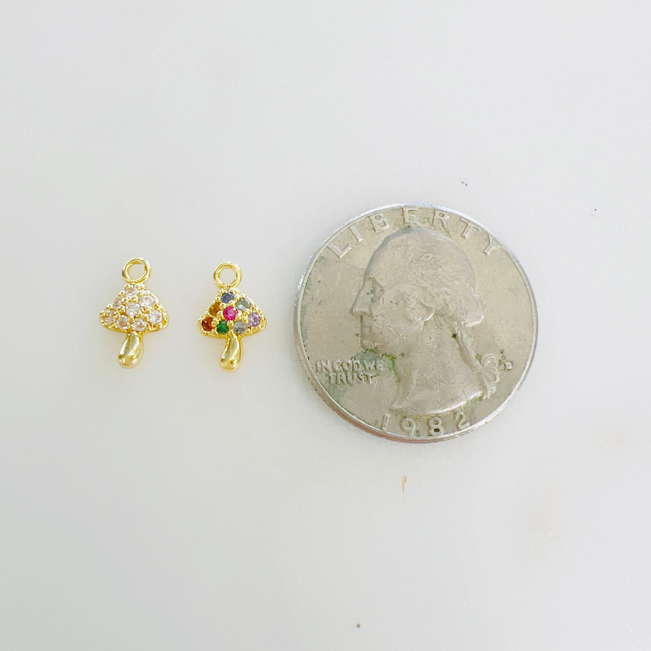 Gold Plated Teeny Tiny Clear or Muti Cubic Zirconia Mushroom Charm