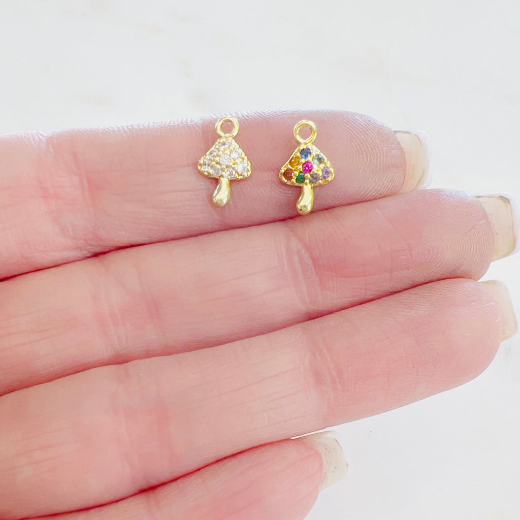 Gold Plated Teeny Tiny Clear or Muti Cubic Zirconia Mushroom Charm