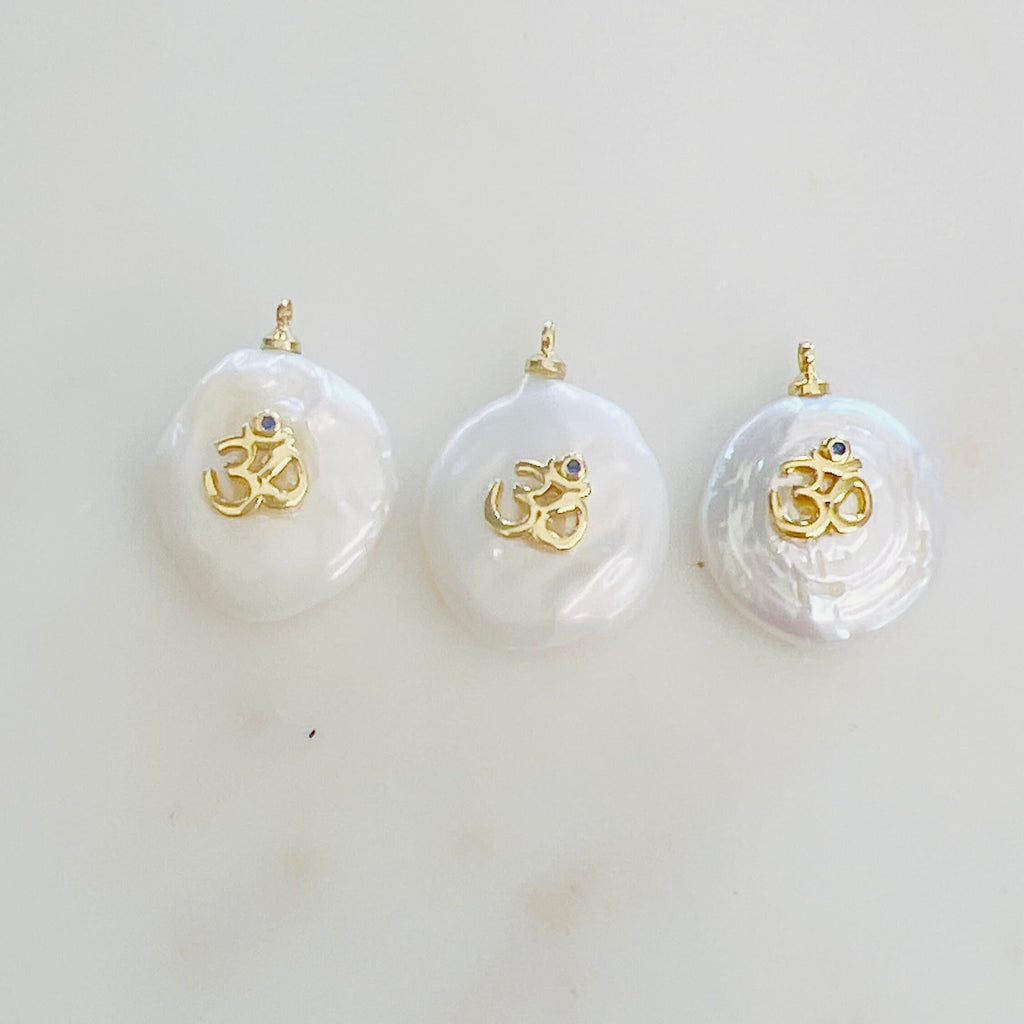 Gold Plated Freshwater Blue Cubic Zirconia Center Ohm Om Pearl