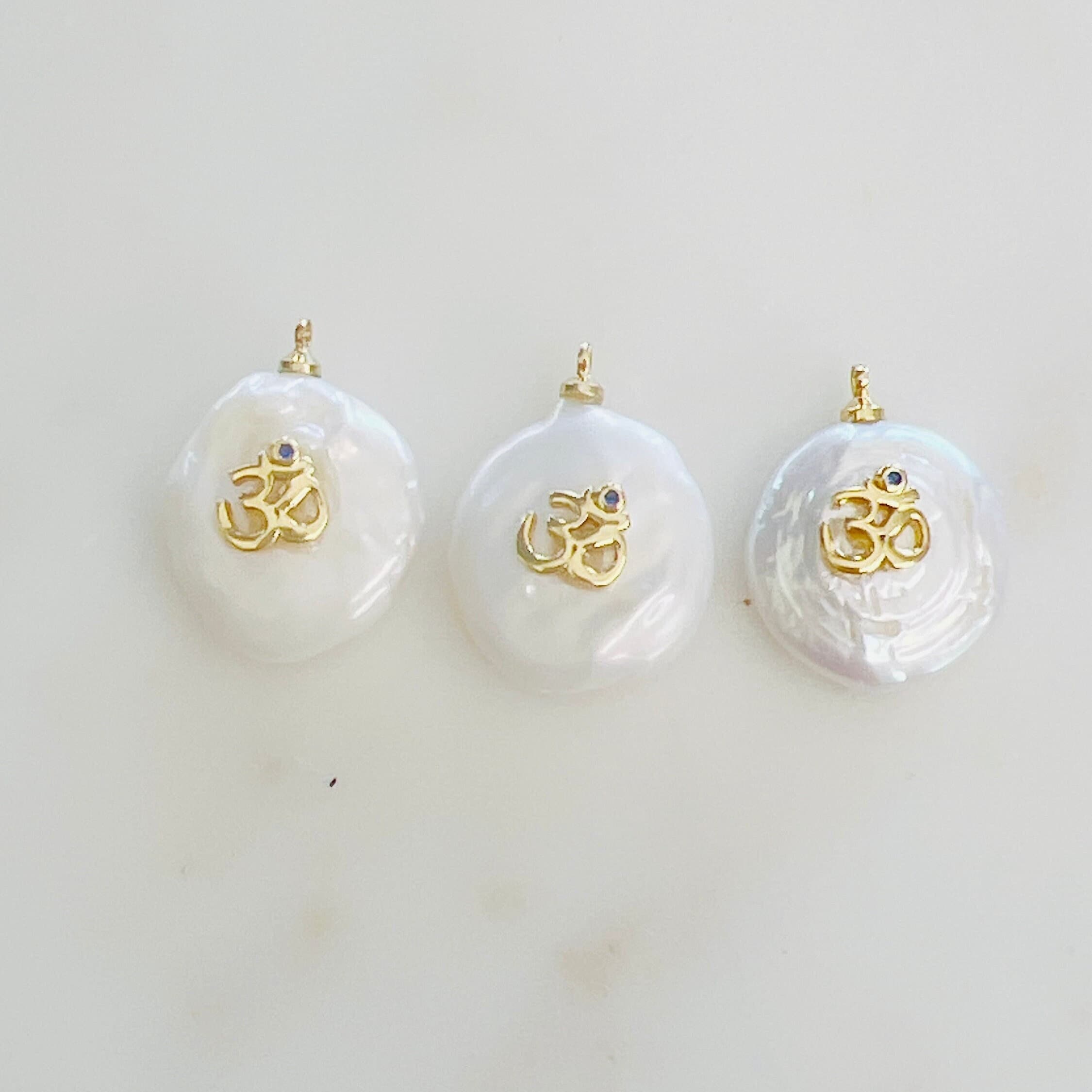Gold Plated Freshwater Blue Cubic Zirconia Center Ohm Om Pearl