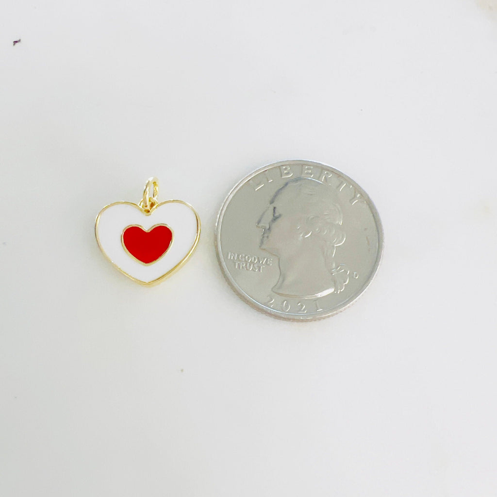 Gold Plated White Enamel Heart Charm with Red Heart in Center Heart