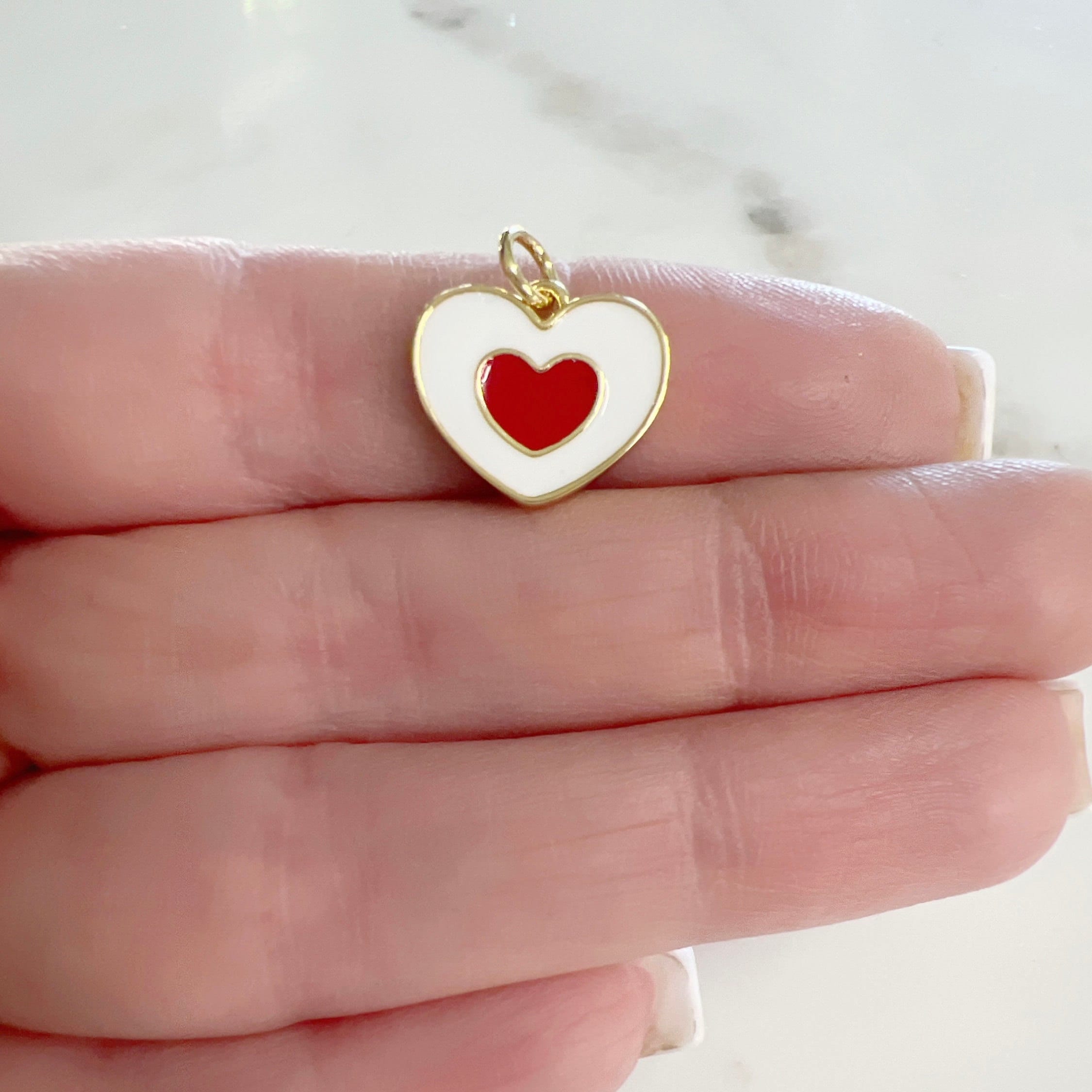 Gold Plated White Enamel Heart Charm with Red Heart in Center Heart