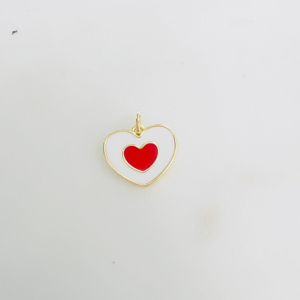 Gold Plated White Enamel Heart Charm with Red Heart in Center Heart