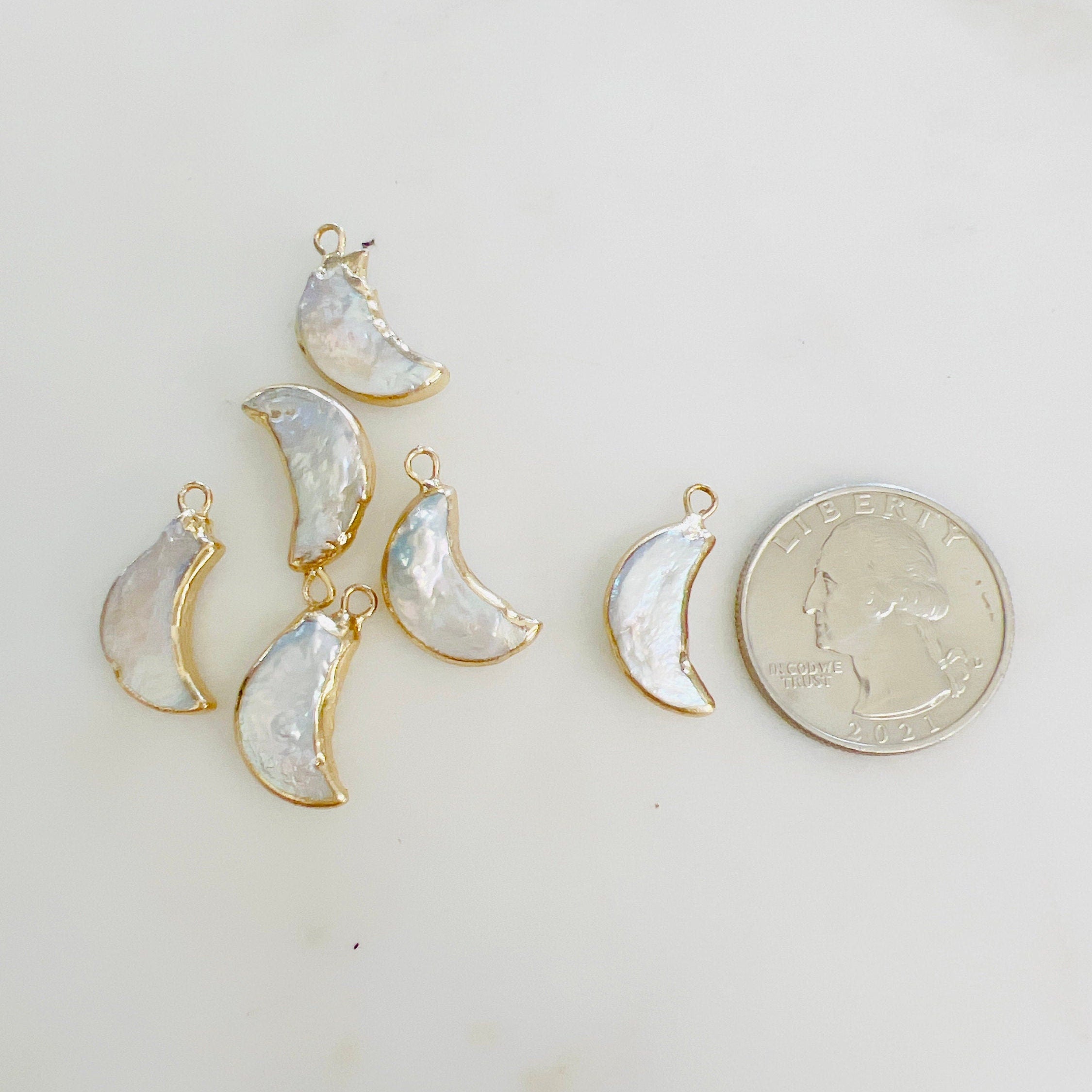 Gold Plated Freshwater Pearl Crescent Moon Rim Celestial Charm