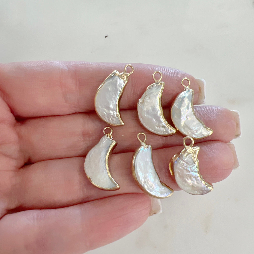 Gold Plated Freshwater Pearl Crescent Moon Rim Celestial Charm