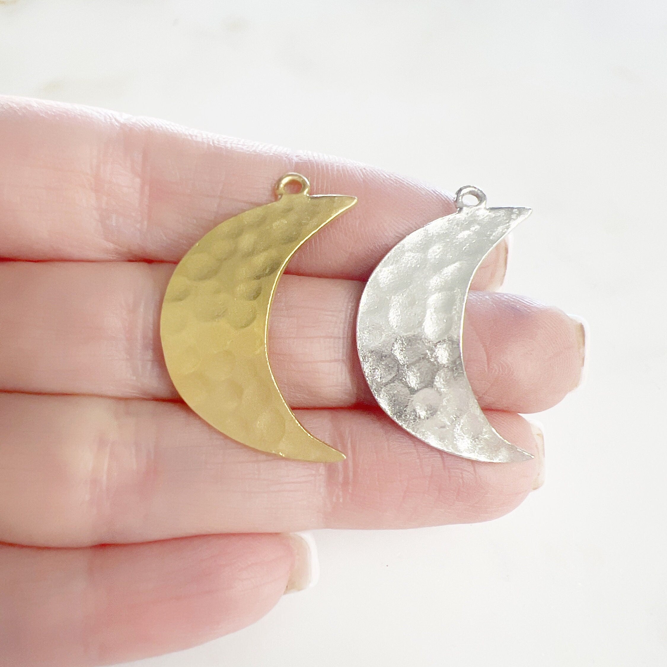 Pewter Large Hammered Crescent Moon Pendant Metal Matte Gold