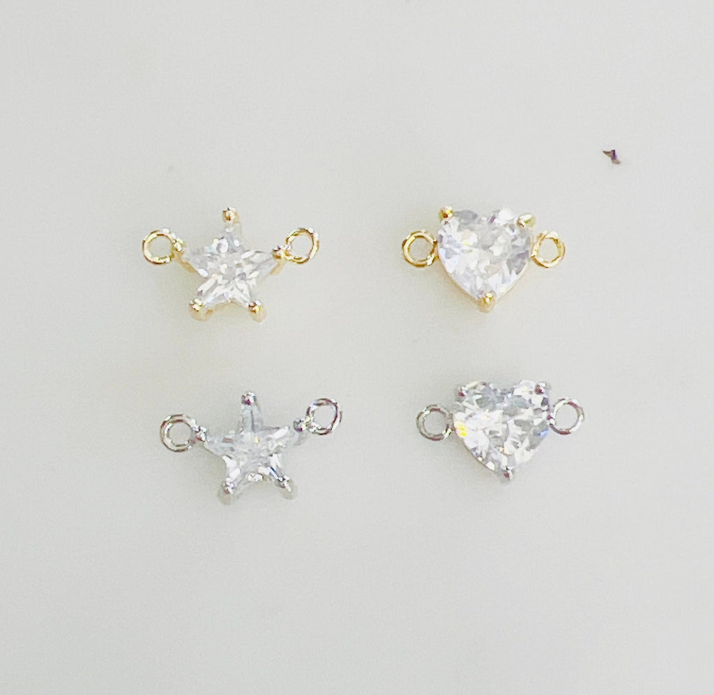Gold Plated or Rhodium Plated Star or Heart Cubic Zirconia Connector Charm