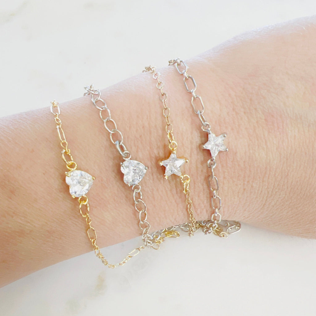 Gold Plated or Rhodium Plated Star or Heart Cubic Zirconia Connector Charm