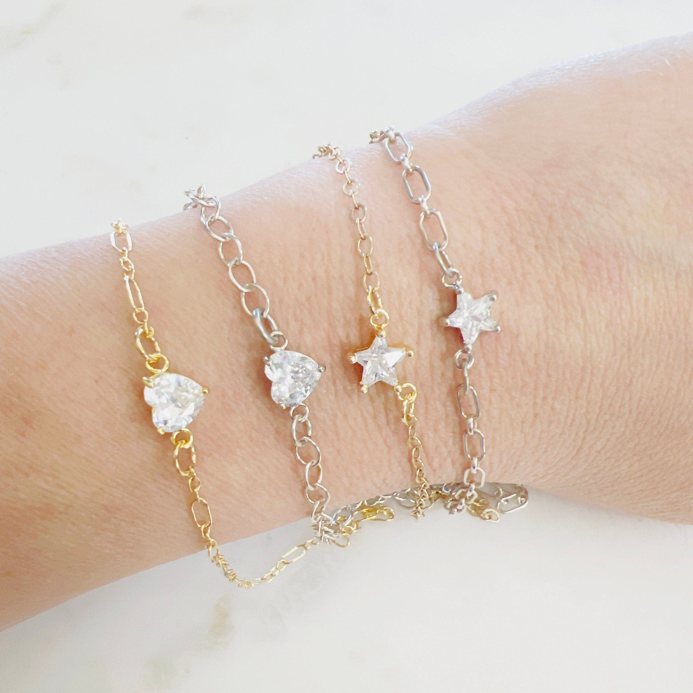 Gold Plated or Rhodium Plated Star or Heart Cubic Zirconia Connector Charm