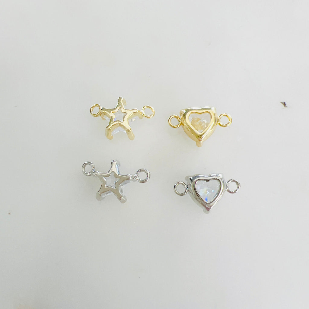 Gold Plated or Rhodium Plated Star or Heart Cubic Zirconia Connector Charm