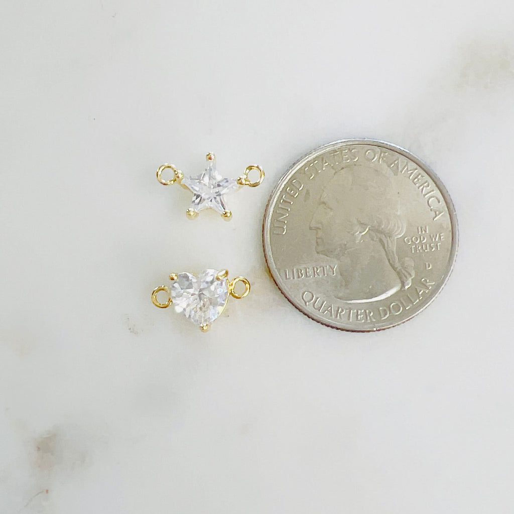 Gold Plated or Rhodium Plated Star or Heart Cubic Zirconia Connector Charm