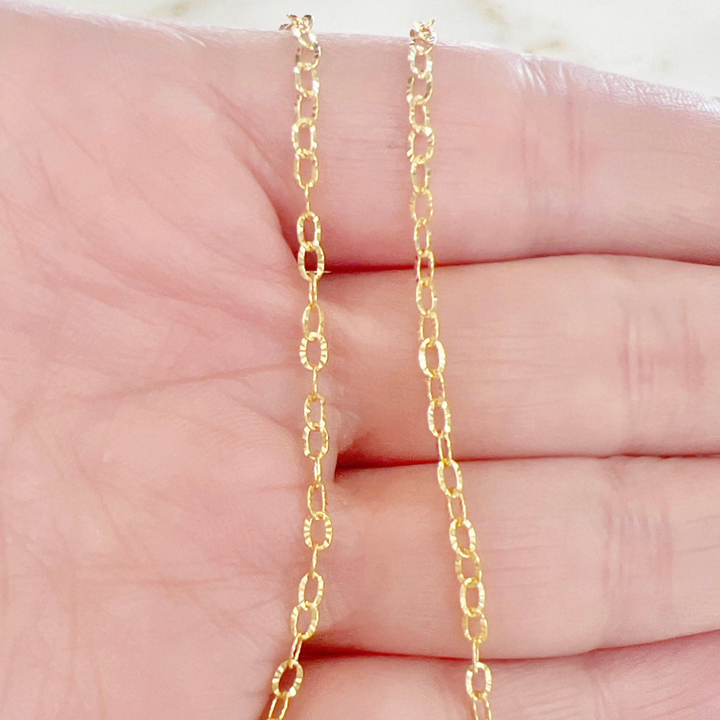 3.3mmx2.4mm 14K Gold Filled Starburst Shimmer Oval Cable – Sold by the Foot