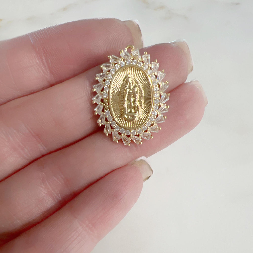 Gold Plated Cubic Zirconia Pavé Mother Mary Charm Detailed CZ