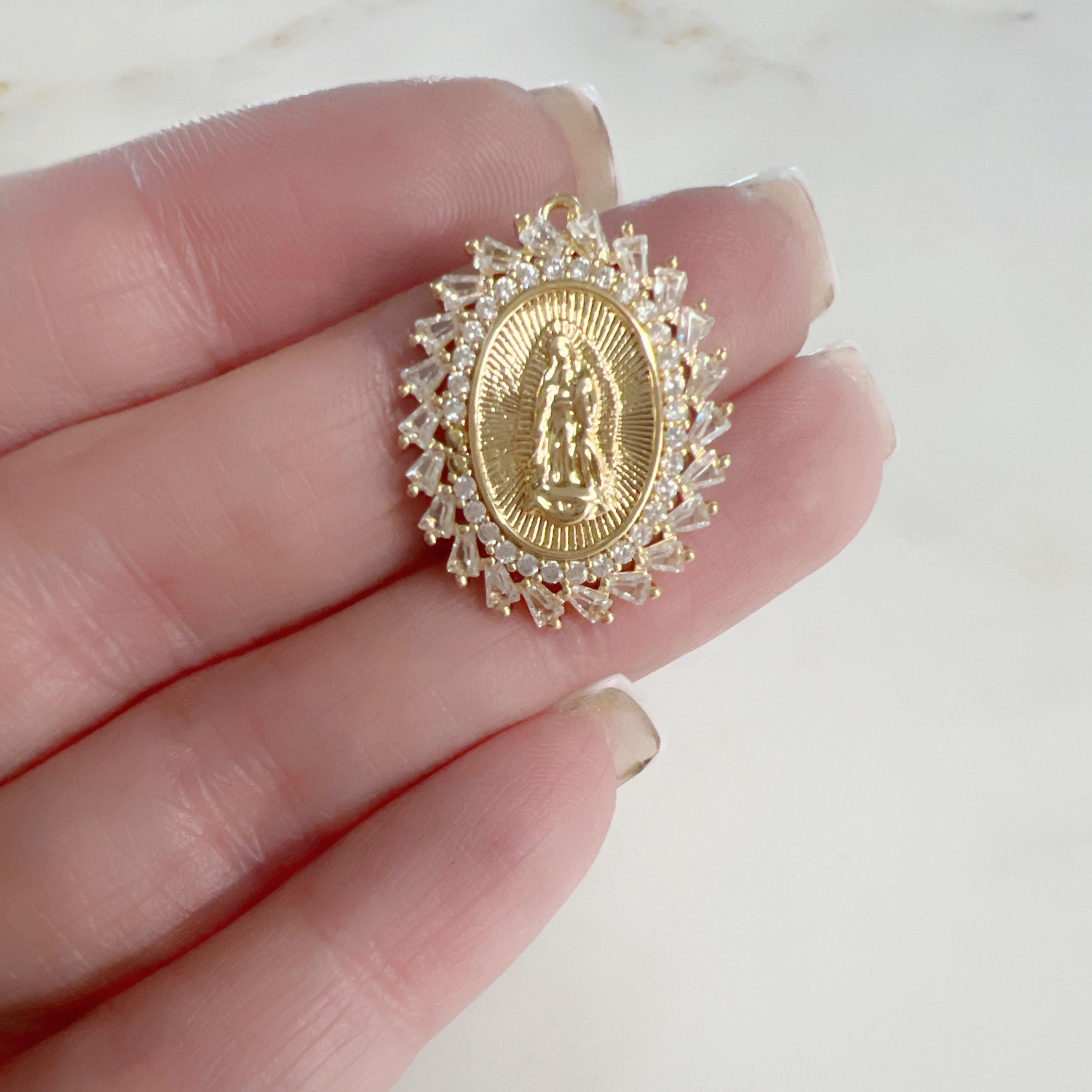 Gold Plated Cubic Zirconia Pavé Mother Mary Charm Detailed CZ