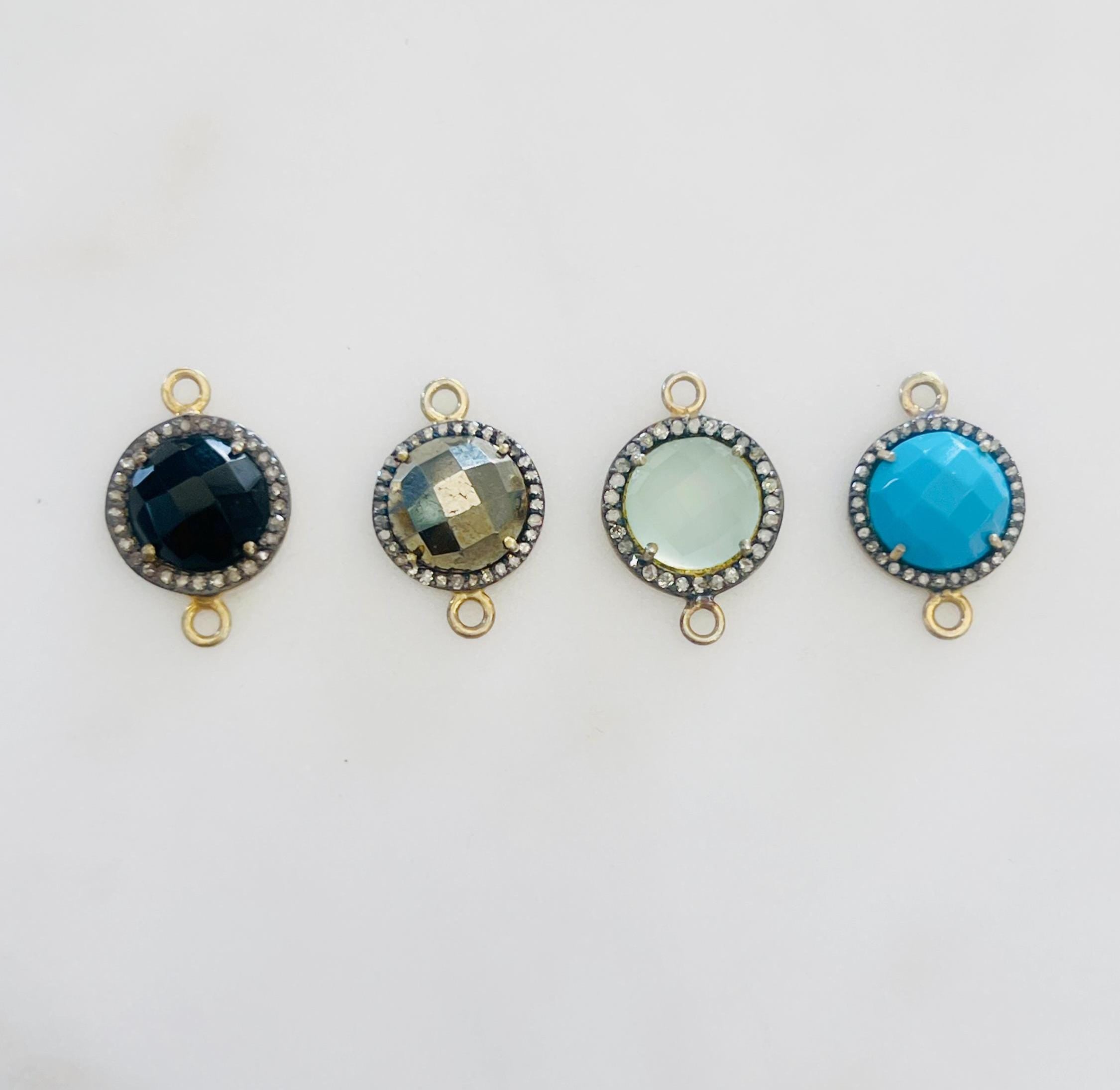 Sterling Silver or Vermeil Round Gemstone with Diamond Faceted Bezel Connector