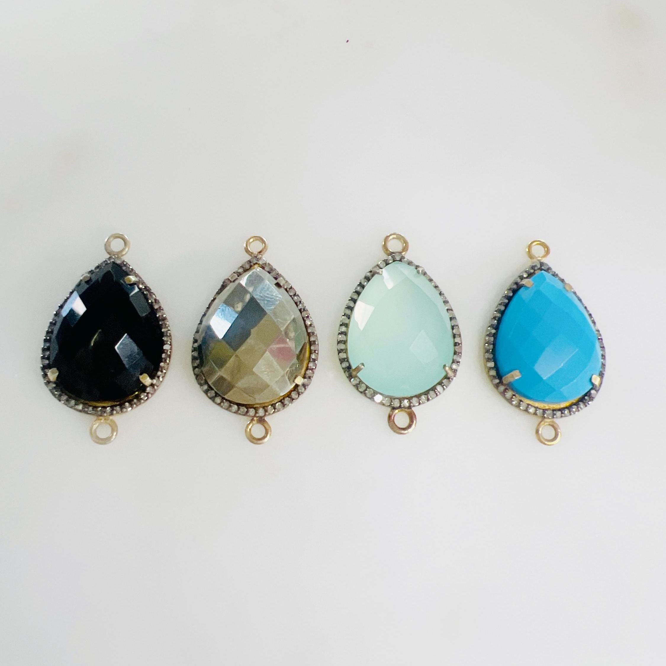 Sterling Silver or Vermeil Large Teardrop Gemstone with Diamond Faceted Bezel