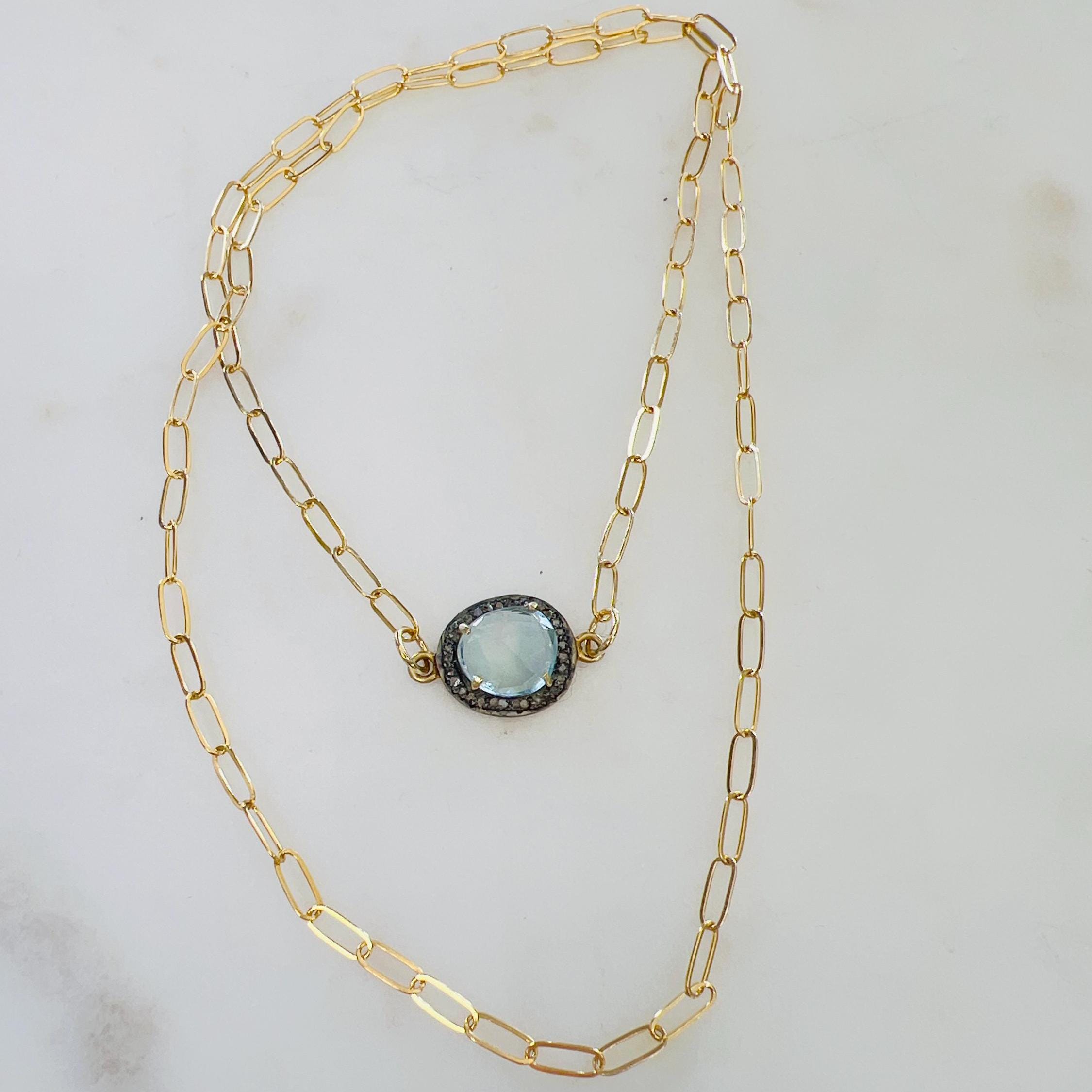Sterling Silver or Vermeil Beautiful Organic Shape Blue Topaz with Diamond