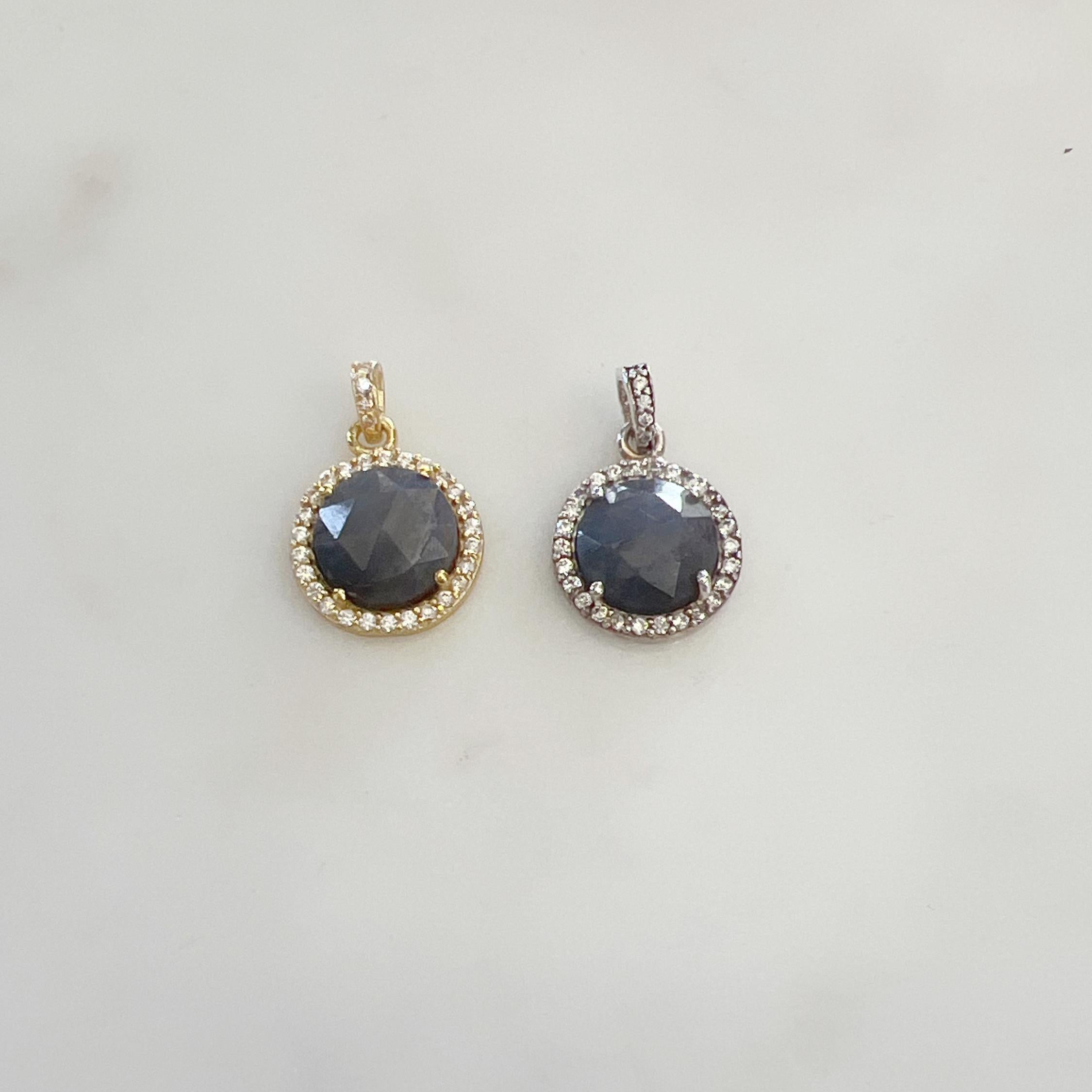 Sterling Silver or Vermeil Round Sapphire Drop Pendant with Cubic Zirconia