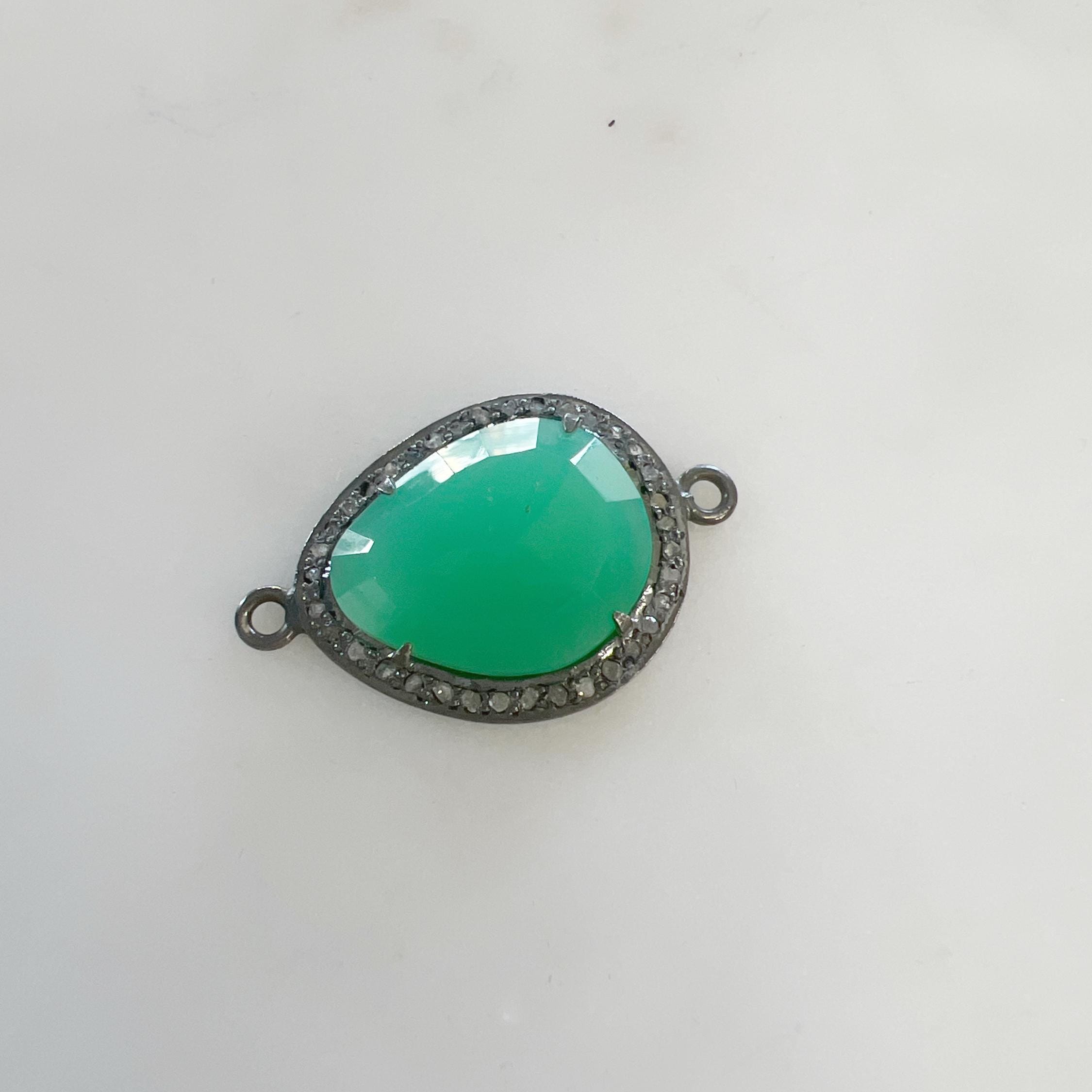 Sterling Silver Teardrop Chrysoprase Connector with Diamond Oxidized 2