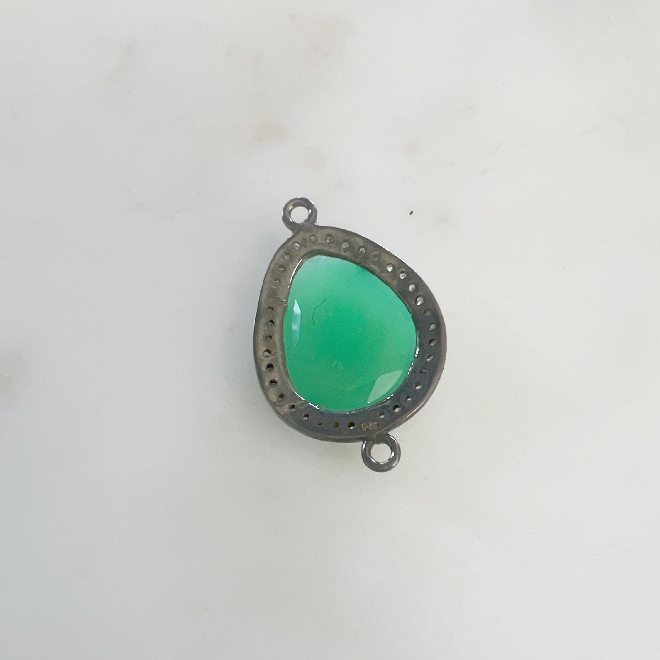Sterling Silver Teardrop Chrysoprase Connector with Diamond Oxidized 2