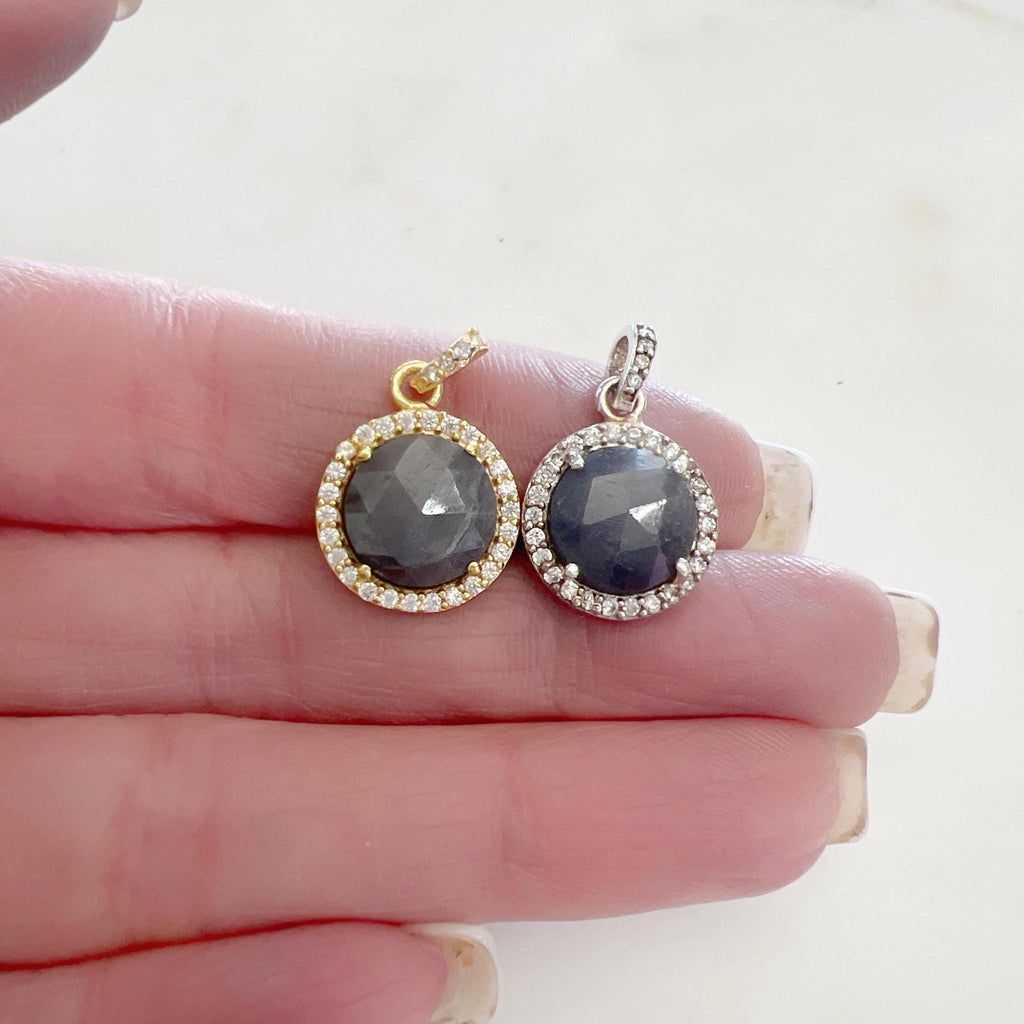 Sterling Silver or Vermeil Round Sapphire Drop Pendant with Cubic Zirconia
