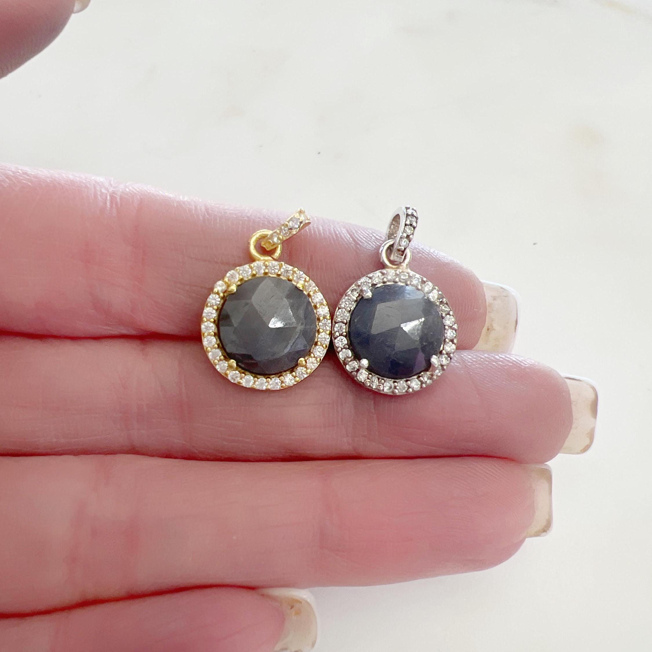 Sterling Silver or Vermeil Round Sapphire Drop Pendant with Cubic Zirconia