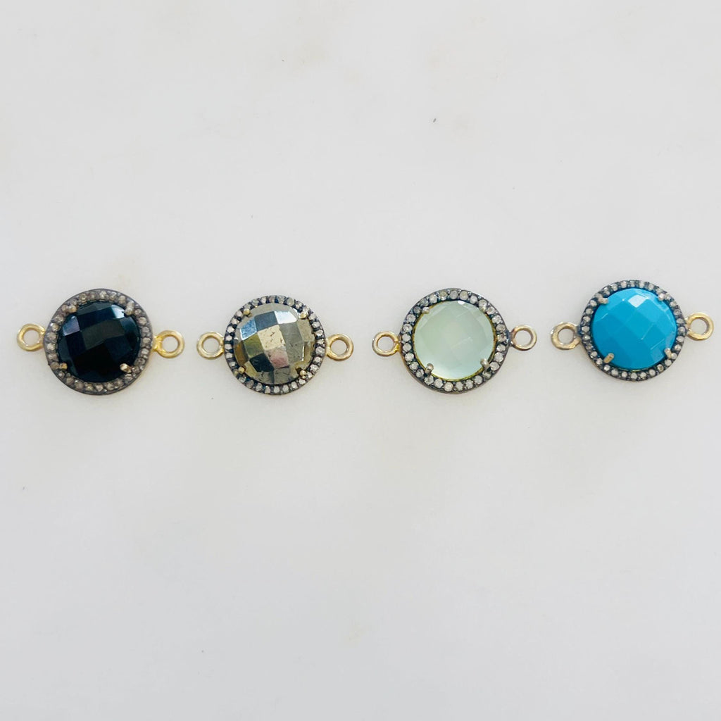 Sterling Silver or Vermeil Round Gemstone with Diamond Faceted Bezel Connector