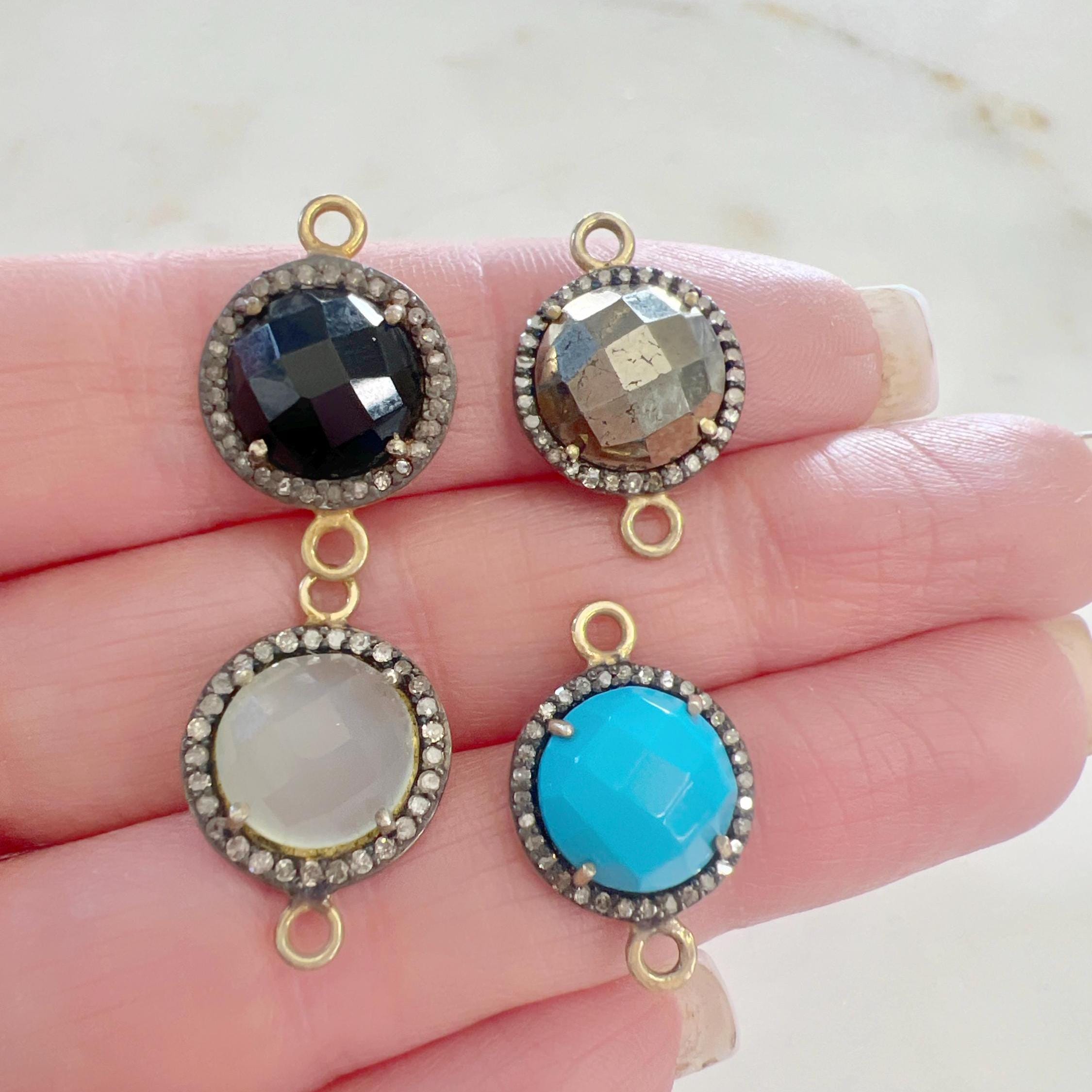 Sterling Silver or Vermeil Round Gemstone with Diamond Faceted Bezel Connector
