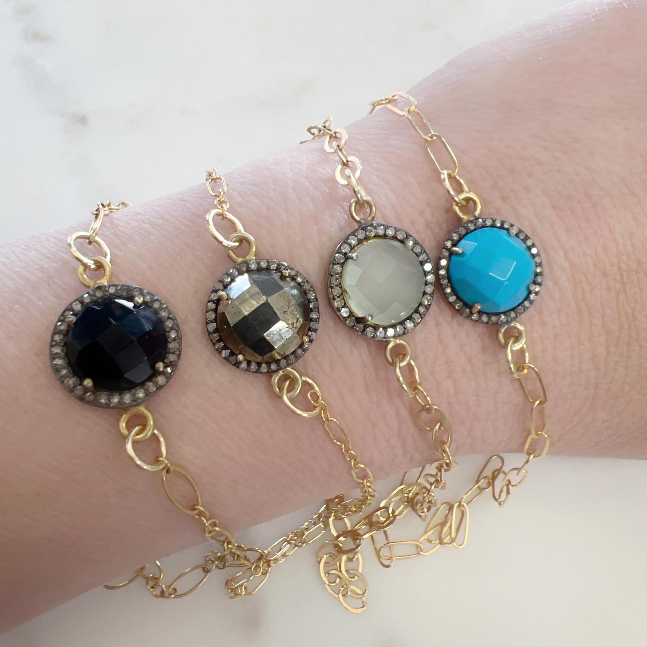 Sterling Silver or Vermeil Round Gemstone with Diamond Faceted Bezel Connector