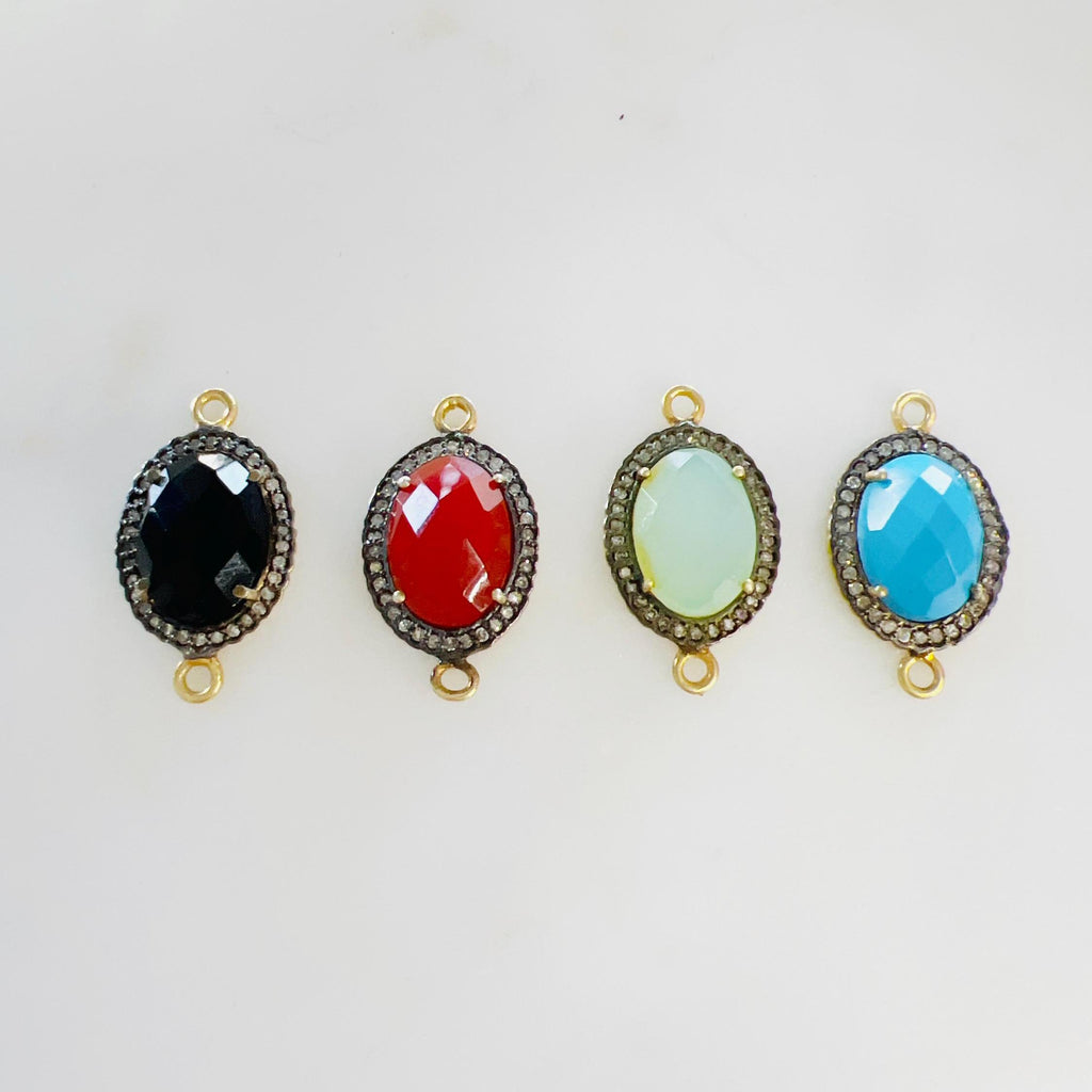 Sterling Silver or Vermeil Oval Gemstone with Diamond Faceted Bezel Connector