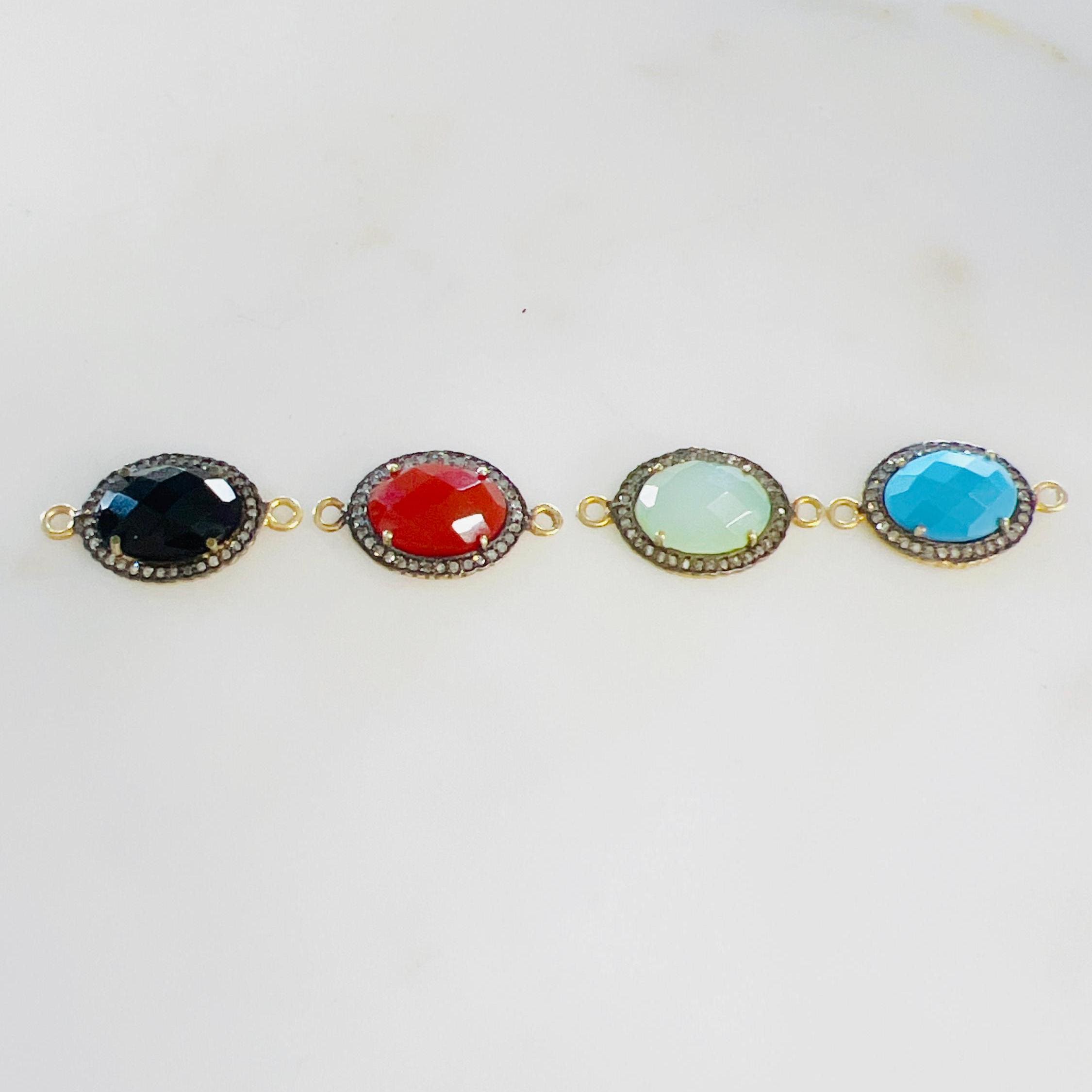 Sterling Silver or Vermeil Oval Gemstone with Diamond Faceted Bezel Connector