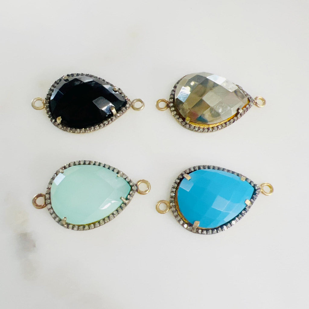 Sterling Silver or Vermeil Large Teardrop Gemstone with Diamond Faceted Bezel