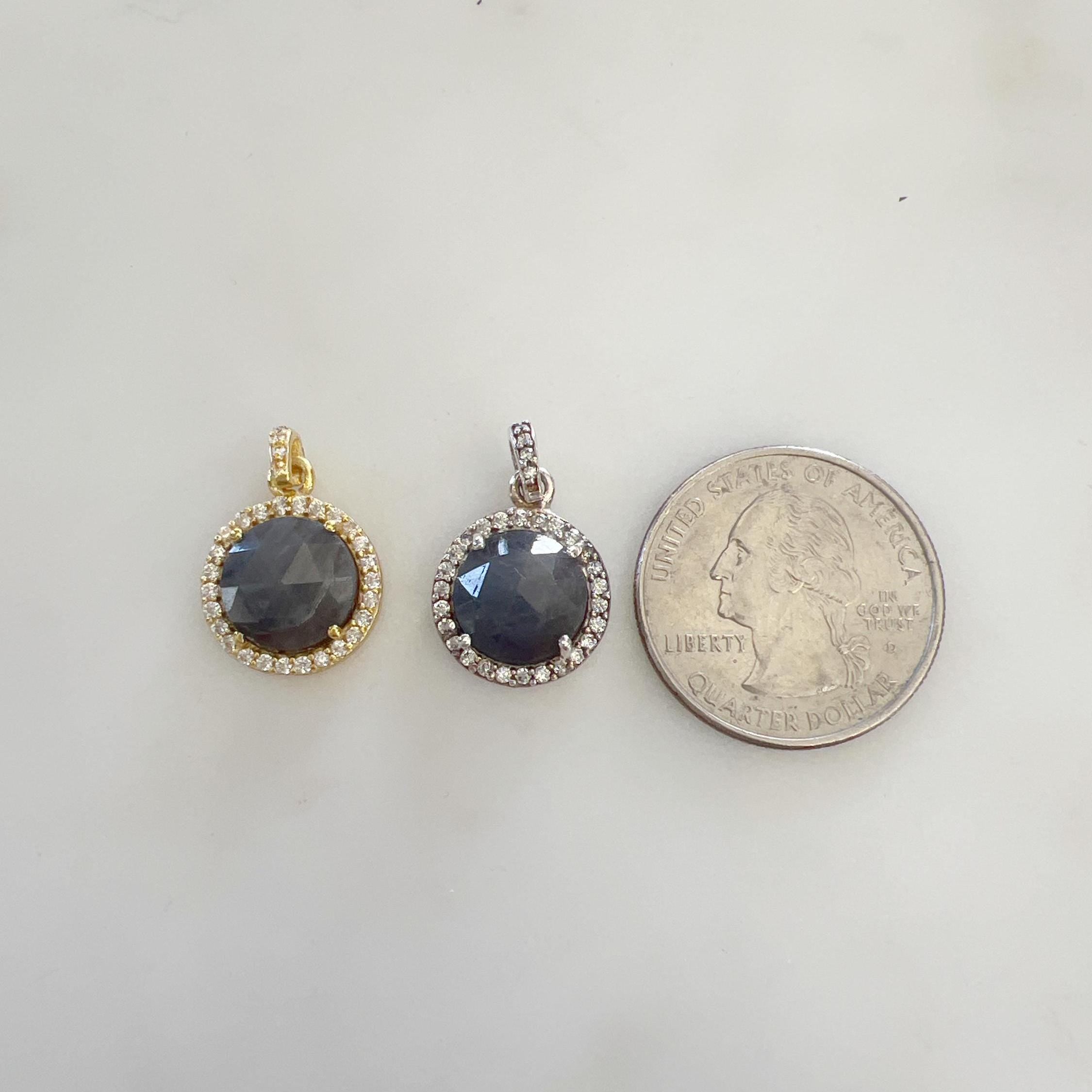 Sterling Silver or Vermeil Round Sapphire Drop Pendant with Cubic Zirconia