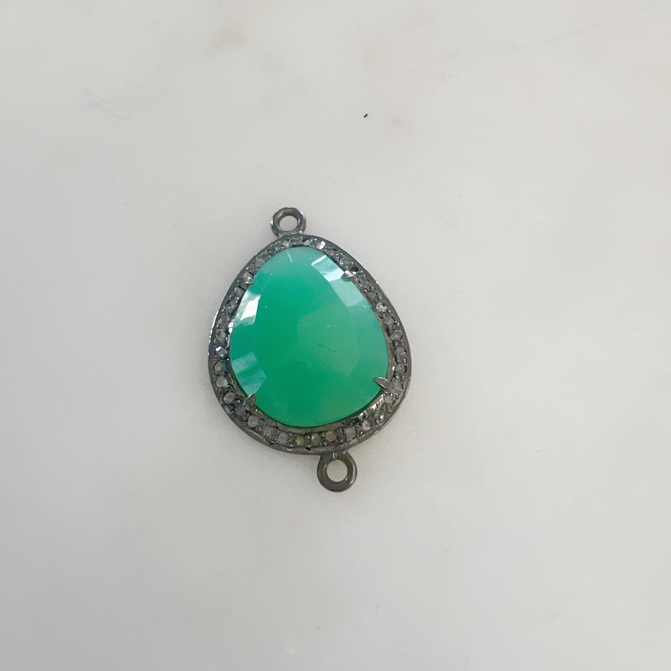 Sterling Silver Teardrop Chrysoprase Connector with Diamond Oxidized 2
