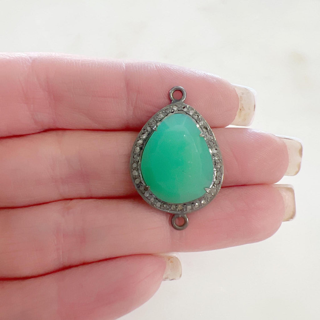 Sterling Silver Teardrop Chrysoprase Connector with Diamond Oxidized 2