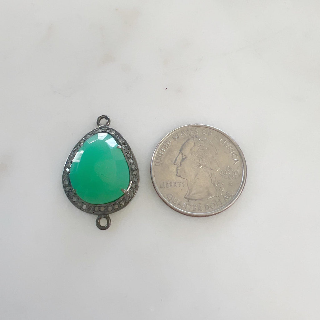 Sterling Silver Teardrop Chrysoprase Connector with Diamond Oxidized 2