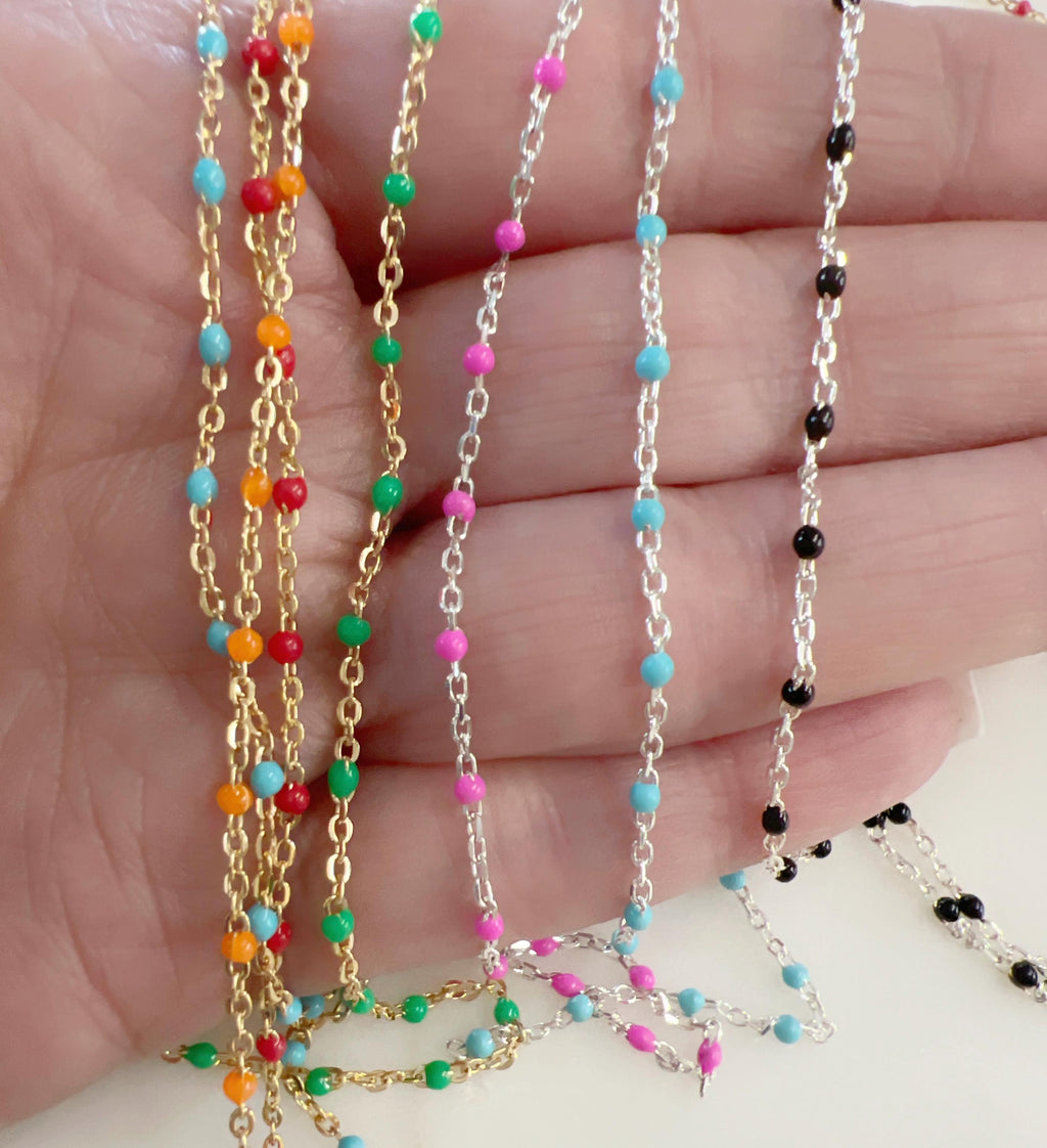 Sterling Silver or 14K Gold Filled Color Enamel Beaded – Sold by the Foot – Gold