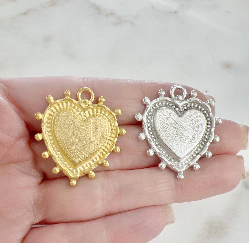 Pewter Modern Dotted Edge Large Heart Charm Pendant Metal