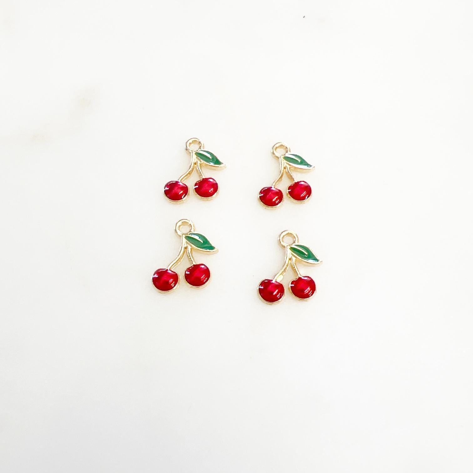 Gold Plated Mini Red Cherry Charm Juicy Fruit Charm Enamel Charm (4pc)