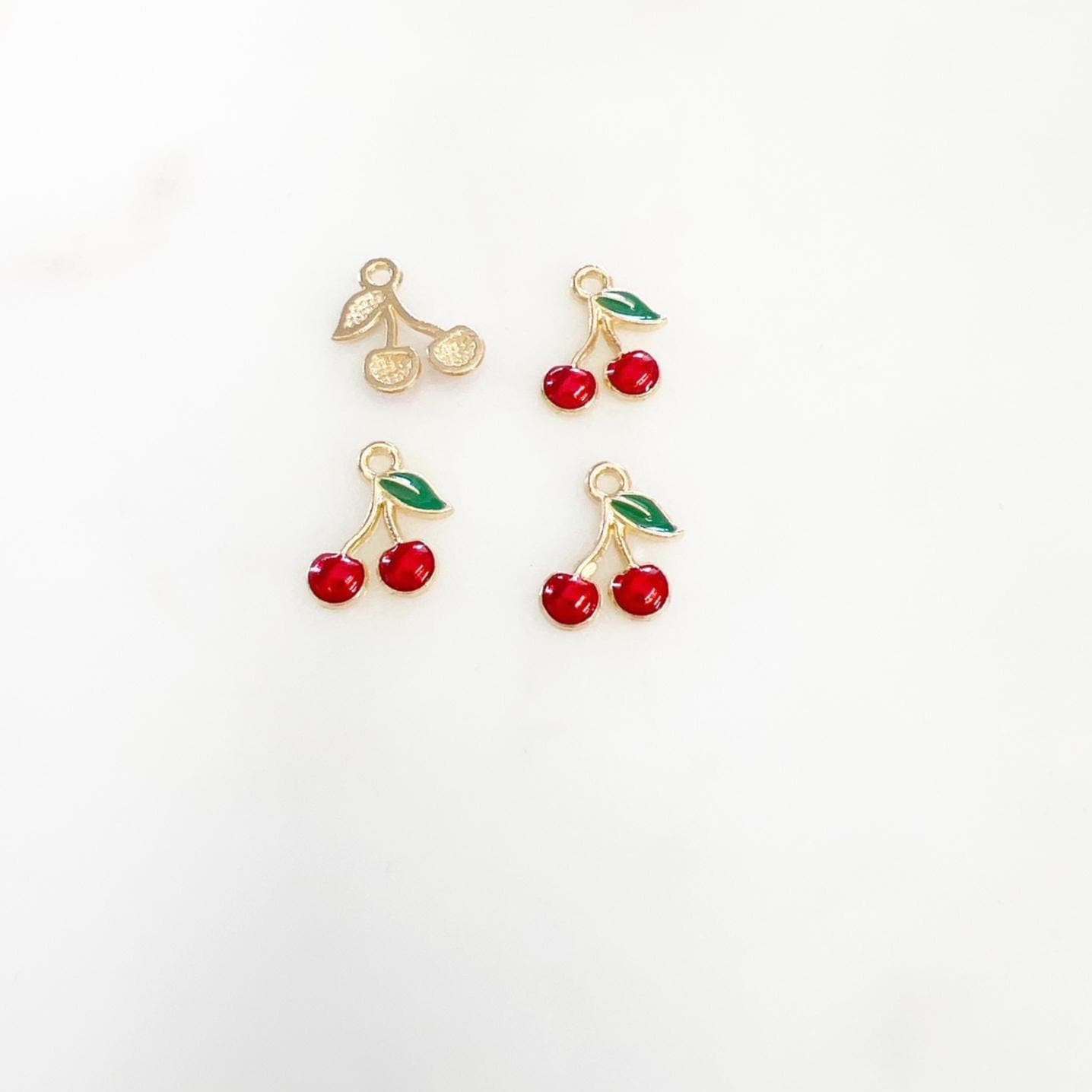 Gold Plated Mini Red Cherry Charm Juicy Fruit Charm Enamel Charm (4pc)