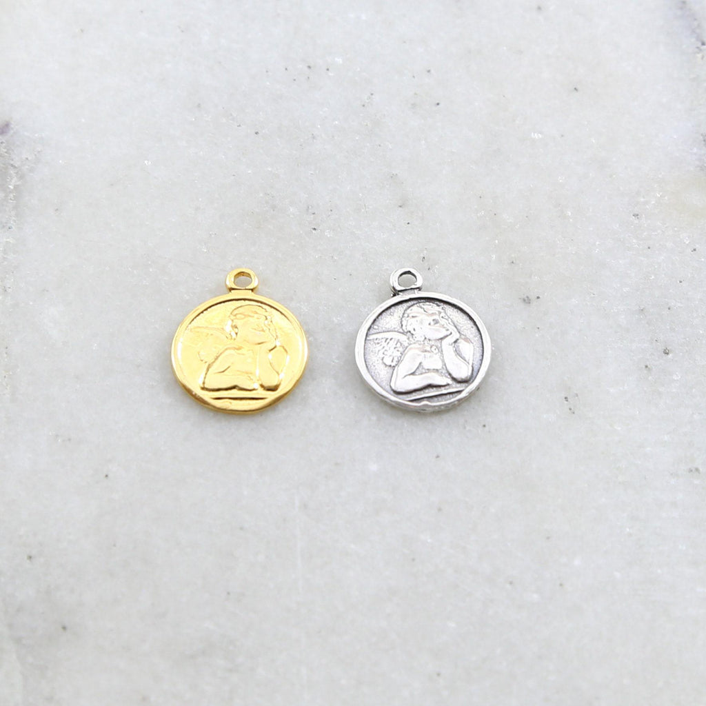 Dainty angel coin little disk charm sterling silver or vermeil gold cherub with wings religious 11mm x 14 mm