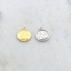 Dainty angel coin little disk charm sterling silver or vermeil gold cherub with wings religious 11mm x 14 mm