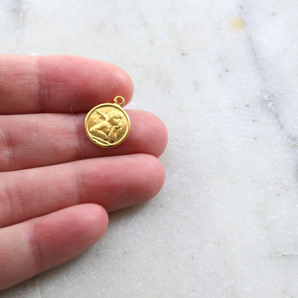 Dainty angel coin little disk charm sterling silver or vermeil gold cherub with wings religious 11mm x 14 mm