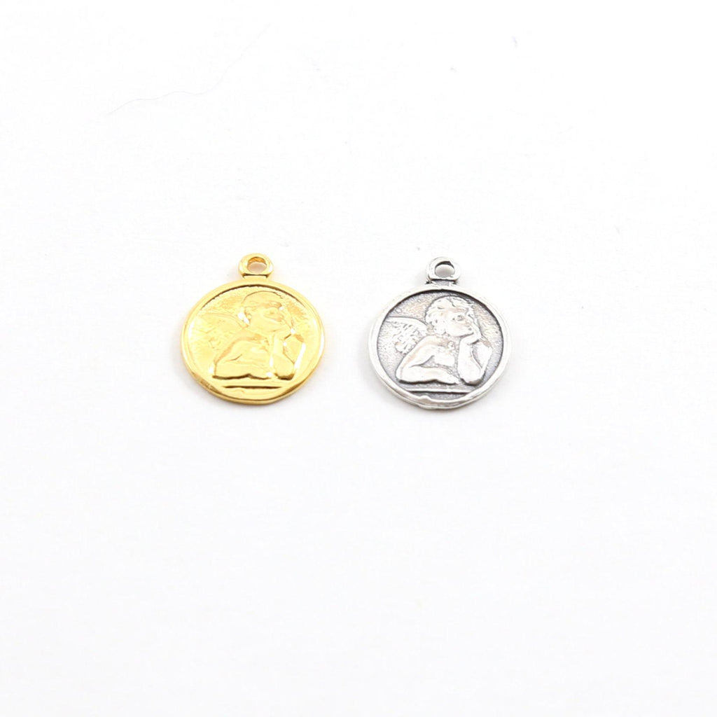 Dainty angel coin little disk charm sterling silver or vermeil gold cherub with wings religious 11mm x 14 mm