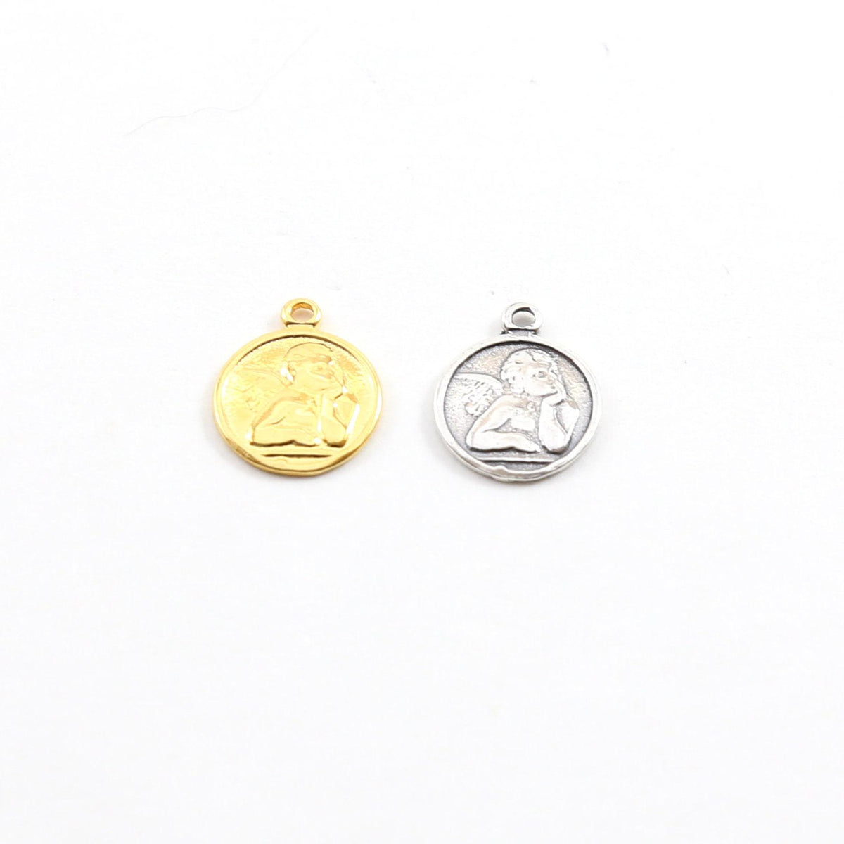 Dainty angel coin little disk charm sterling silver or vermeil gold cherub with wings religious 11mm x 14 mm