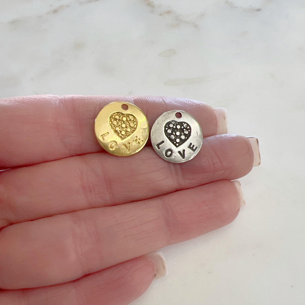 Speckled heart with love charm in sterling silver and vermeil gold valentine's day love friendship pendant